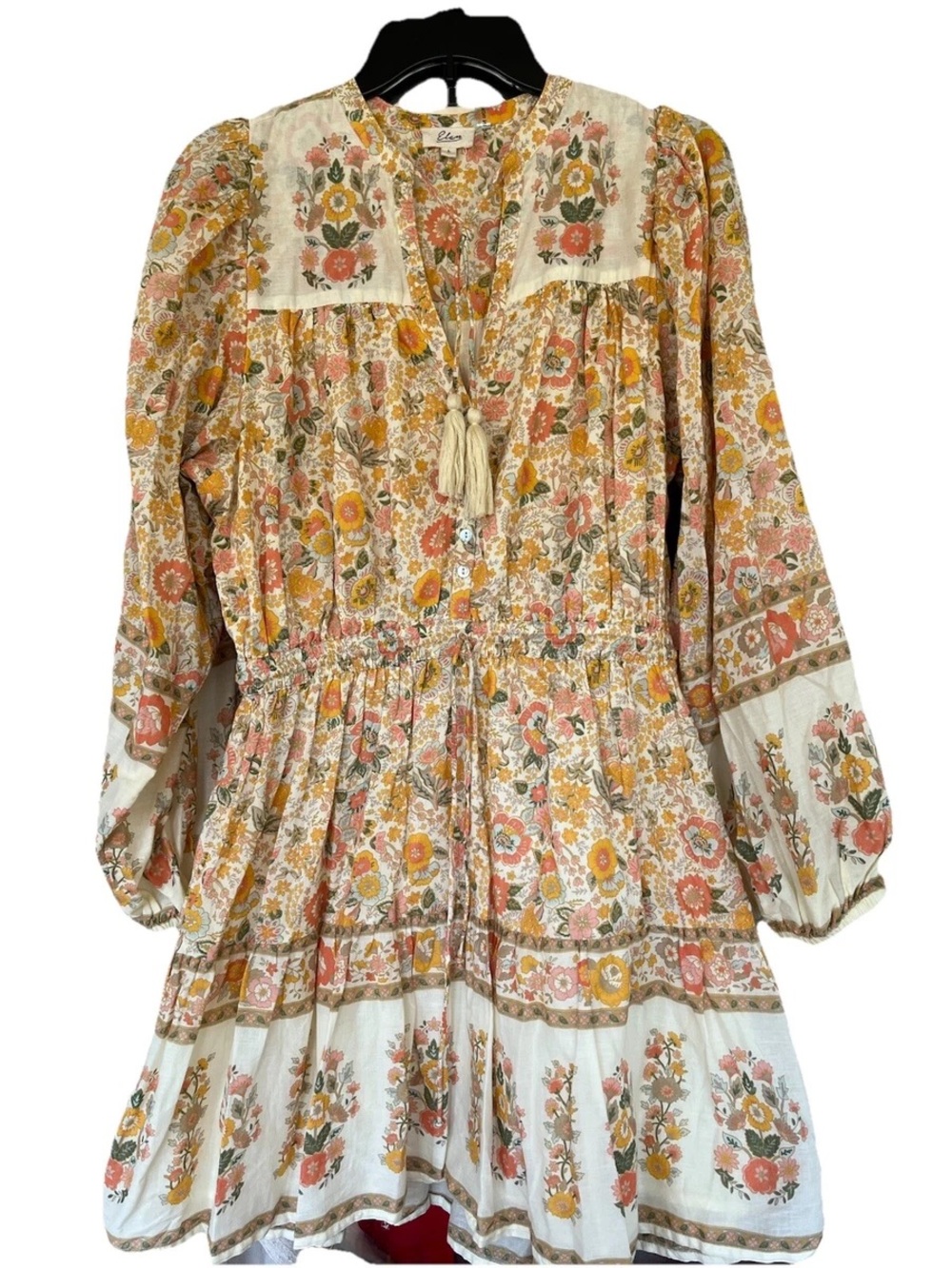 Elan Cream Multi Floral Tassel Tie Smocked Waist Mini Dress